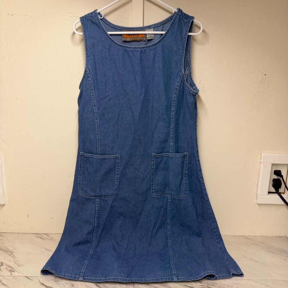 Vintage Denim Jazz Women Medium Blue Cotton Sleeveless Pocket Jumper Dress M